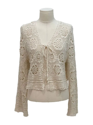 Yukia Vintage Flower Crochet Loose Fit Ribbon Strap Long Sleeve Cardigan
