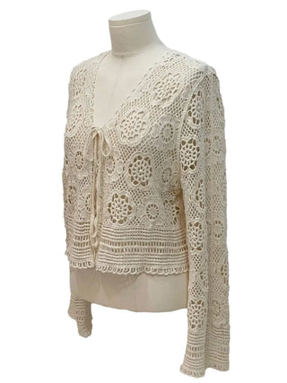 Yukia Vintage Flower Crochet Loose Fit Ribbon Strap Long Sleeve Cardigan