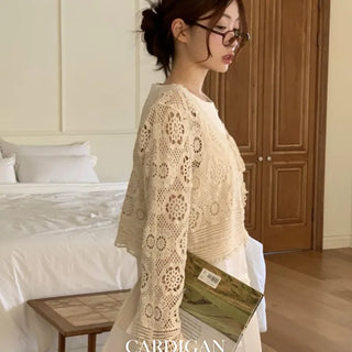 Yukia Vintage Flower Crochet Loose Fit Ribbon Strap Long Sleeve Cardigan