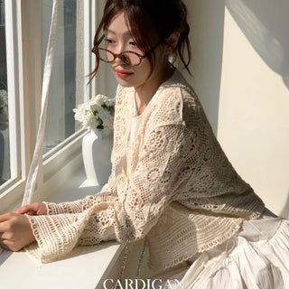 Yukia Vintage Flower Crochet Loose Fit Ribbon Strap Long Sleeve Cardigan