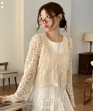 Yukia Vintage Flower Crochet Loose Fit Ribbon Strap Long Sleeve Cardigan