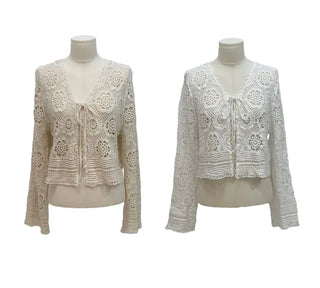 Yukia Vintage Flower Crochet Loose Fit Ribbon Strap Long Sleeve Cardigan