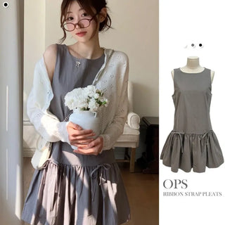Sage Double Ribbon Strap Flare Layered Bustier Sleeveless Mini Dress