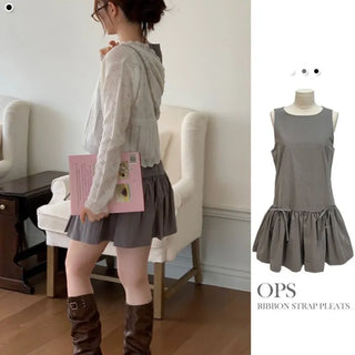 Sage Double Ribbon Strap Flare Layered Bustier Sleeveless Mini Dress