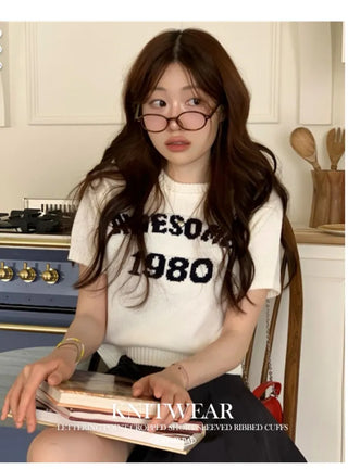 Atore Lettering Shibori Crop Short Sleeve Knit
