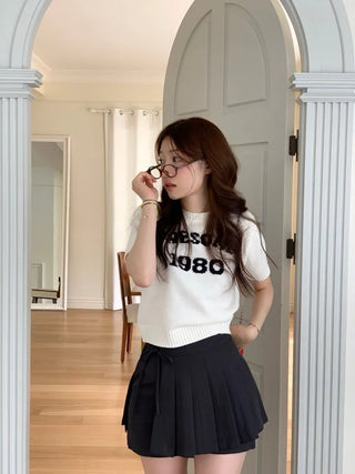 Atore Lettering Shibori Crop Short Sleeve Knit