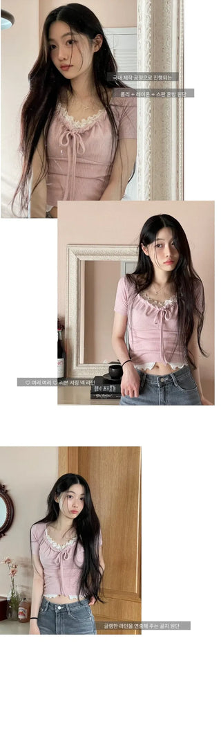 Brini Ribbon Golji Strap Shirring Short Sleeve T-Shirt