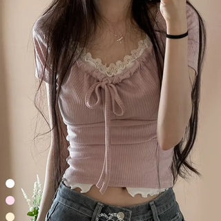 Brini Ribbon Golji Strap Shirring Short Sleeve T-Shirt