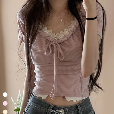Brini Ribbon Golji Strap Shirring Short Sleeve T-Shirt