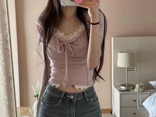 Brini Ribbon Golji Strap Shirring Short Sleeve T-Shirt