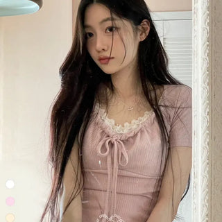 Brini Ribbon Golji Strap Shirring Short Sleeve T-Shirt