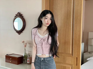 Brini Ribbon Golji Strap Shirring Short Sleeve T-Shirt