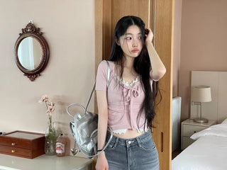Brini Ribbon Golji Strap Shirring Short Sleeve T-Shirt