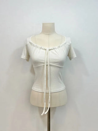 Brini Ribbon Golji Strap Shirring Short Sleeve T-Shirt