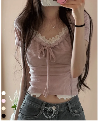 Brini Ribbon Golji Strap Shirring Short Sleeve T-Shirt