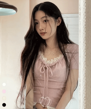 Brini Ribbon Golji Strap Shirring Short Sleeve T-Shirt