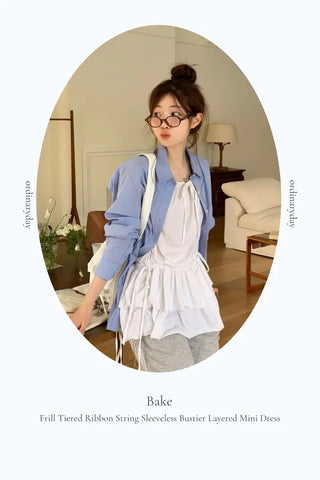 Bake Frill Cancan Ribbon String Sleeveless Bustier Layered Mini One Piece