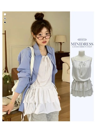 Bake Frill Cancan Ribbon String Sleeveless Bustier Layered Mini One Piece