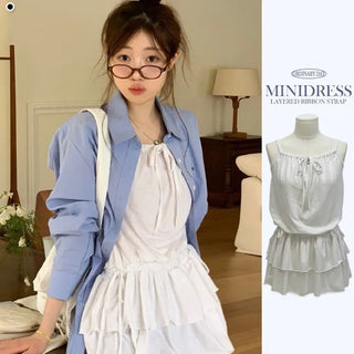 Bake Frill Cancan Ribbon String Sleeveless Bustier Layered Mini One Piece