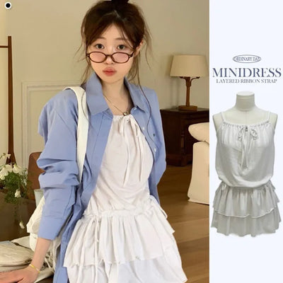 Bake Frill Cancan Ribbon String Sleeveless Bustier Layered Mini One Piece
