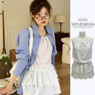 Bake Frill Cancan Ribbon String Sleeveless Bustier Layered Mini One Piece