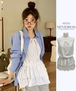 Bake Frill Cancan Ribbon String Sleeveless Bustier Layered Mini One Piece