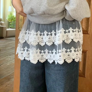 Bloomy See-Through Lace Layered Banding Skirt