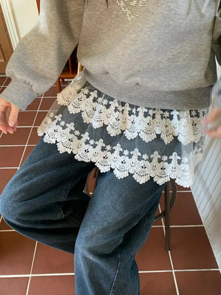 Bloomy See-Through Lace Layered Banding Skirt