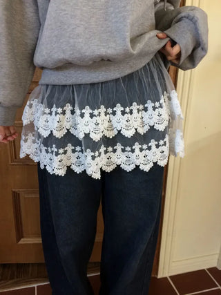 Bloomy See-Through Lace Layered Banding Skirt