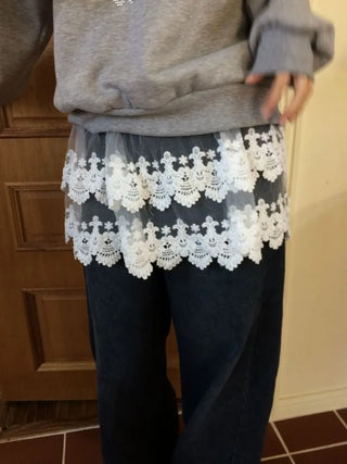 Bloomy See-Through Lace Layered Banding Skirt