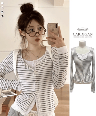 Kieri All-in-one Marine Stripe Slim-fit Color Block Cardigan