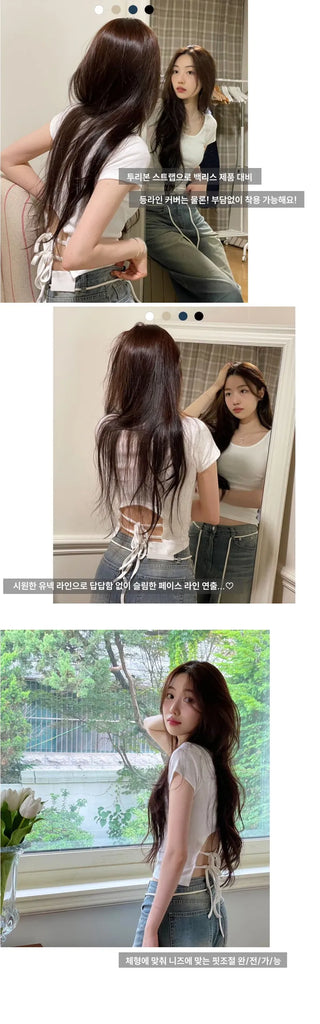 Fever Slim Ribbon Back Team Double Strap U-Neck Short Sleeve T-Shirt