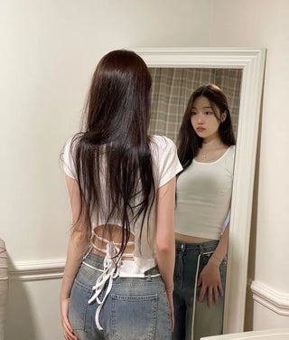 Fever Slim Ribbon Back Team Double Strap U-Neck Short Sleeve T-Shirt