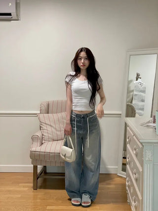 Fever Slim Ribbon Back Team Double Strap U-Neck Short Sleeve T-Shirt