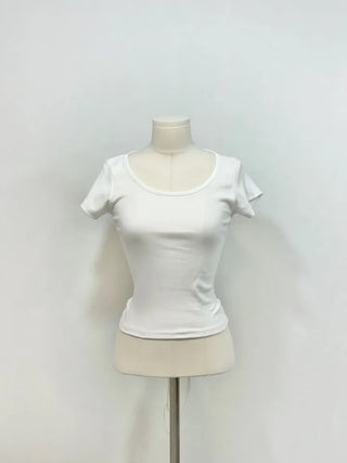 Fever Slim Ribbon Back Team Double Strap U-Neck Short Sleeve T-Shirt