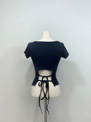Fever Slim Ribbon Back Team Double Strap U-Neck Short Sleeve T-Shirt