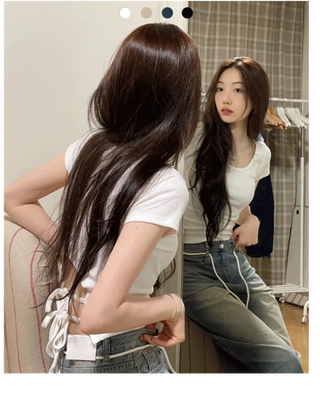 Fever Slim Ribbon Back Team Double Strap U-Neck Short Sleeve T-Shirt