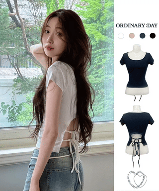 Fever Slim Ribbon Back Team Double Strap U-Neck Short Sleeve T-Shirt