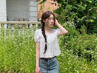 Tinkerbell Yeori Bean Button Punching Cotton Puff Short Sleeve Blouse
