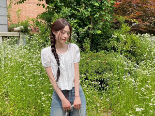 Tinkerbell Yeori Bean Button Punching Cotton Puff Short Sleeve Blouse