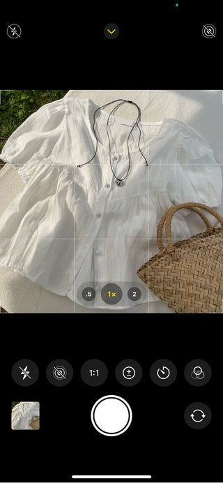 Tinkerbell Yeori Bean Button Punching Cotton Puff Short Sleeve Blouse
