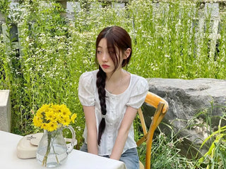 Tinkerbell Yeori Bean Button Punching Cotton Puff Short Sleeve Blouse
