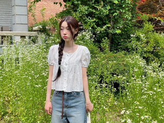 Tinkerbell Yeori Bean Button Punching Cotton Puff Short Sleeve Blouse