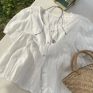 Tinkerbell Yeori Bean Button Punching Cotton Puff Short Sleeve Blouse