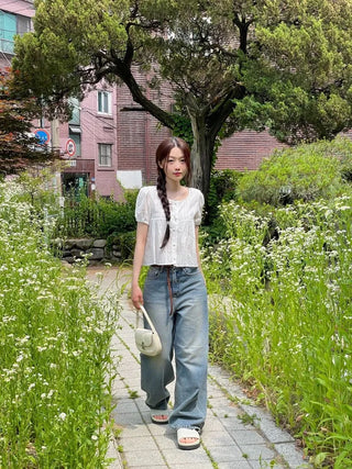 Tinkerbell Yeori Bean Button Punching Cotton Puff Short Sleeve Blouse