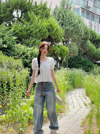 Tinkerbell Yeori Bean Button Punching Cotton Puff Short Sleeve Blouse
