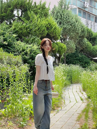 Tinkerbell Yeori Bean Button Punching Cotton Puff Short Sleeve Blouse