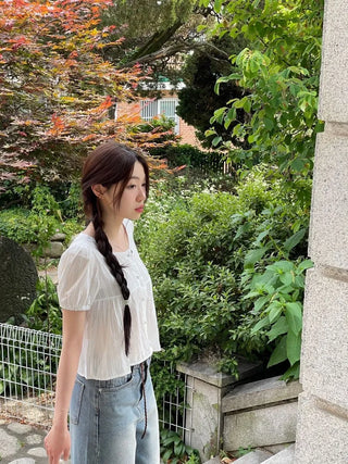 Tinkerbell Yeori Bean Button Punching Cotton Puff Short Sleeve Blouse