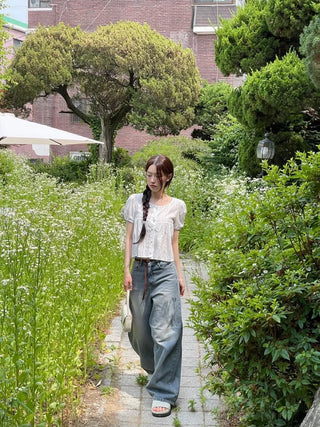 Tinkerbell Yeori Bean Button Punching Cotton Puff Short Sleeve Blouse