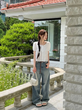 Tinkerbell Yeori Bean Button Punching Cotton Puff Short Sleeve Blouse